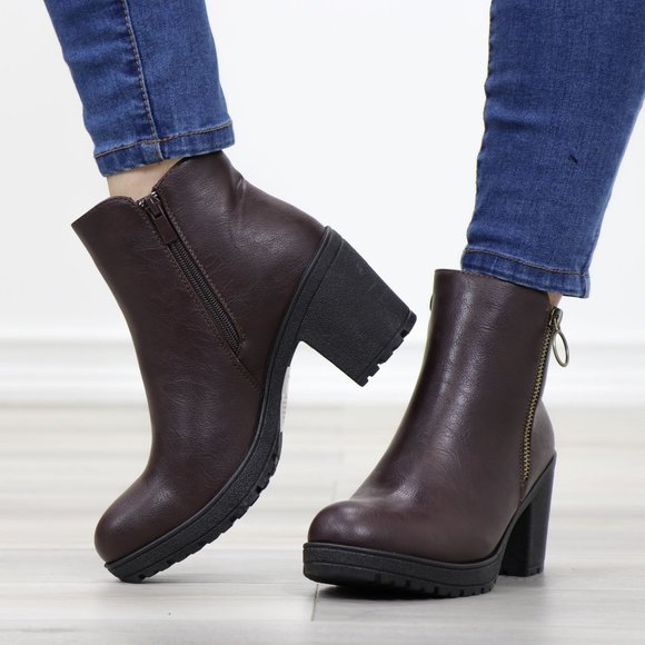 Brown Synthetic Leather Chunky Lug Block Heel Round Toe Ankle Boots - Picture 8 of 11